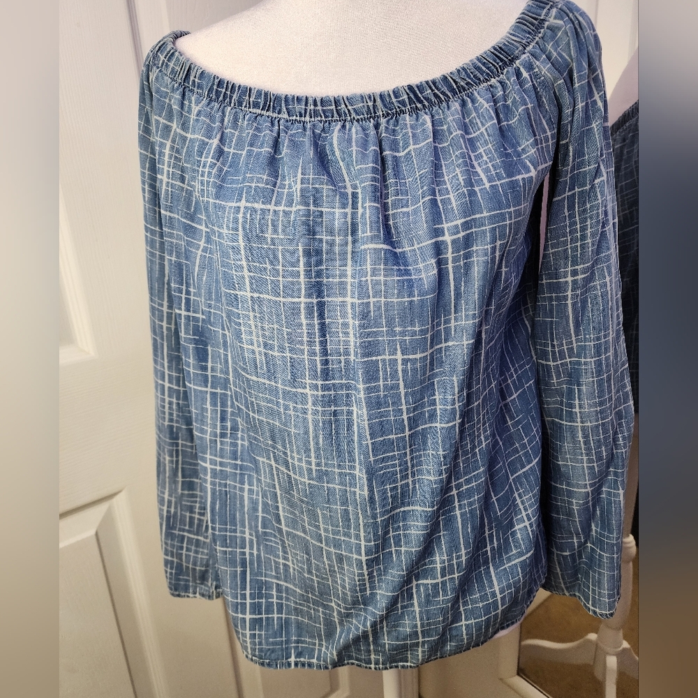 Cloth & Stone Blue Plaid Off-Shoulder Blouse Size S